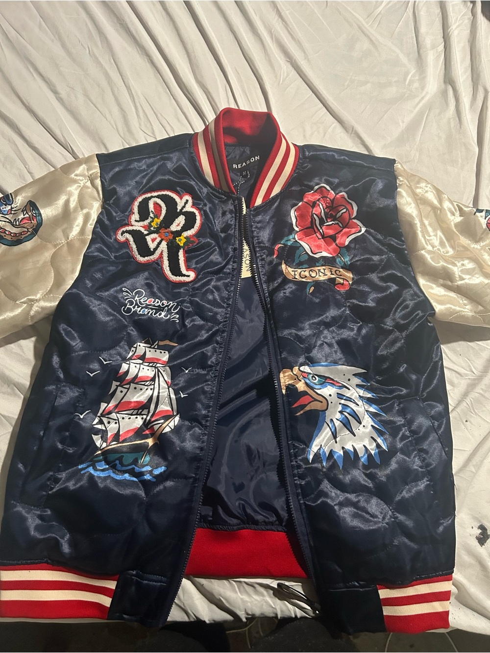 Reason Navy Satin Embroidered Varsity Bomber Jacket with Red & Cream Accents